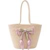 Woven Tote Bag - Beige Cotton Rope Summer Purse with Tulip Bow, Large Capacity Crochet Handbag for Vacation, Shopping, Daily Use