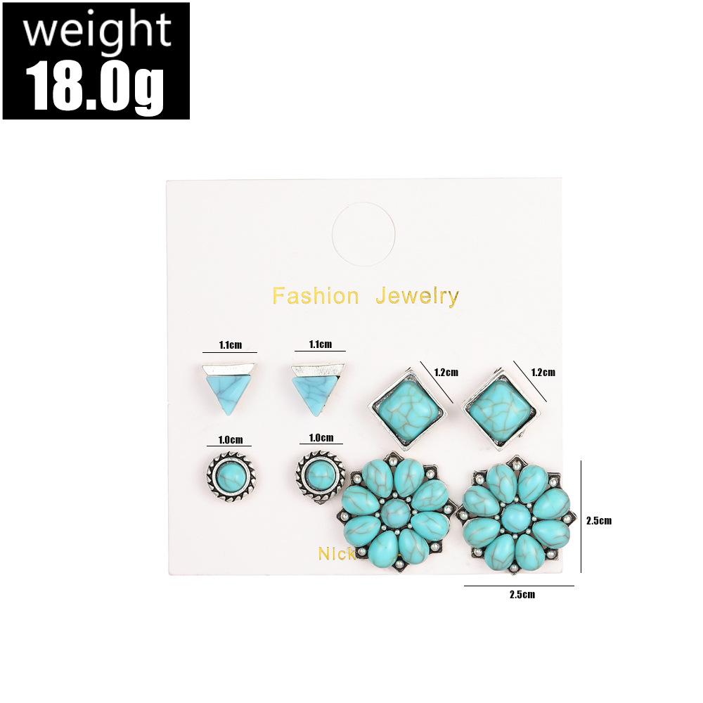 Vintage Bohemian Turquoise Floral Geometric Round Earrings 4 Pair Set