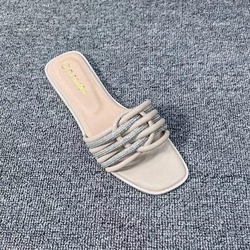 New Crystal Stone Stripes Slippers for Women Shoes Fashion Luxury Designer Flat Slides Rhinestone Sandals Chaussure Femme