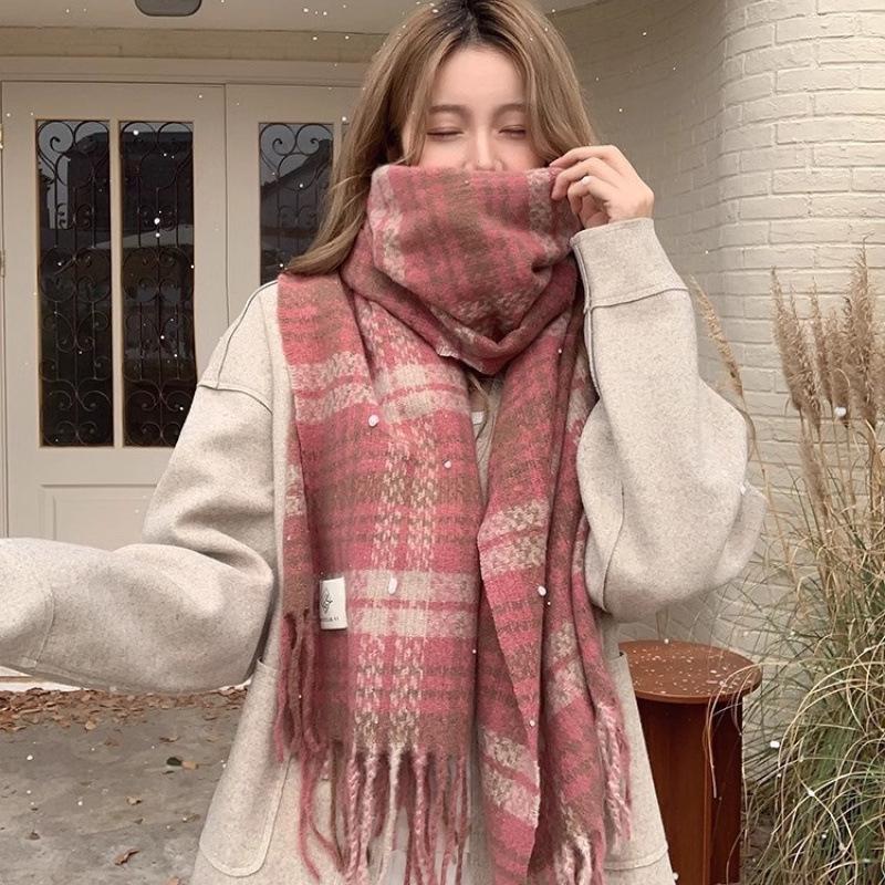 Korean Style Thick Pink Plaid Scarf for Women - Autumn/Winter Neck Warmer