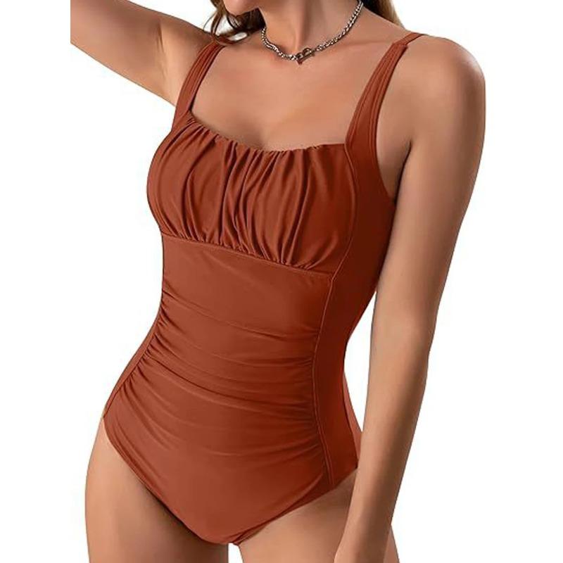 One Piece Ruched Front Swimsuit 2026 Women Vintage Solid Print Swimwear Padded Bathing Bodysuit Bather Swimming Beachwear Summer