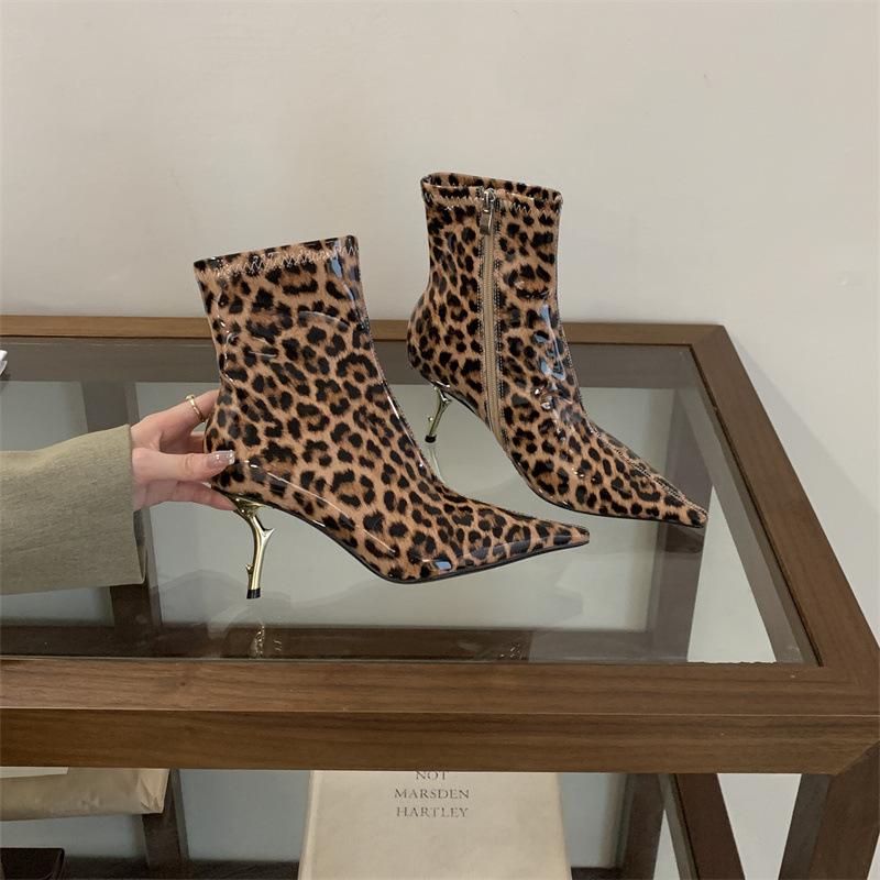 Sexy Leopard Print High-heeled Thin Boots 2025 New Pointed Metal Stiletto Side Zipper Fashion Boots