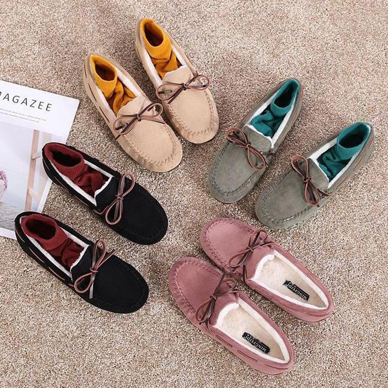 Fashion 2025 Winter Cotton Fur Moccasins Woman Furry Loafers Warm Slip On Bowtie Flats Shoes Ladies Daily Work Barefoot Mocasines Femmes
