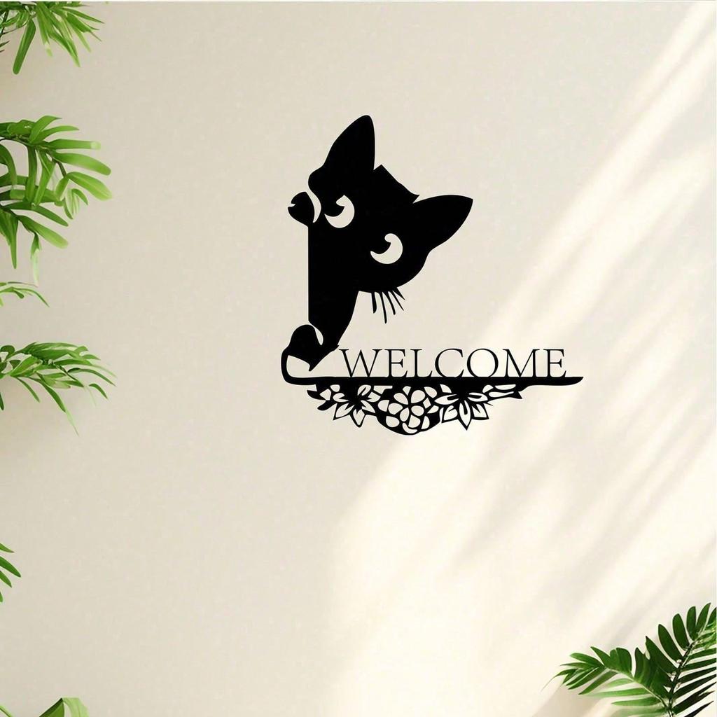 Vintage Metal Black Cat Welcome Sign Wall Decor For Cat Lovers Gift