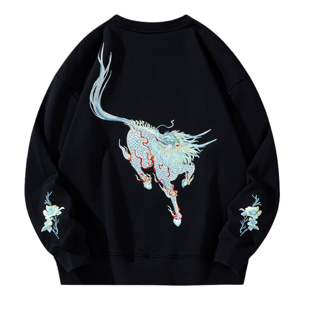 Kirin Printed Hoodie Men's Chinese Style Loose Trendy Large Size Sweatshirt Men's Round Neck Youth Hoodies