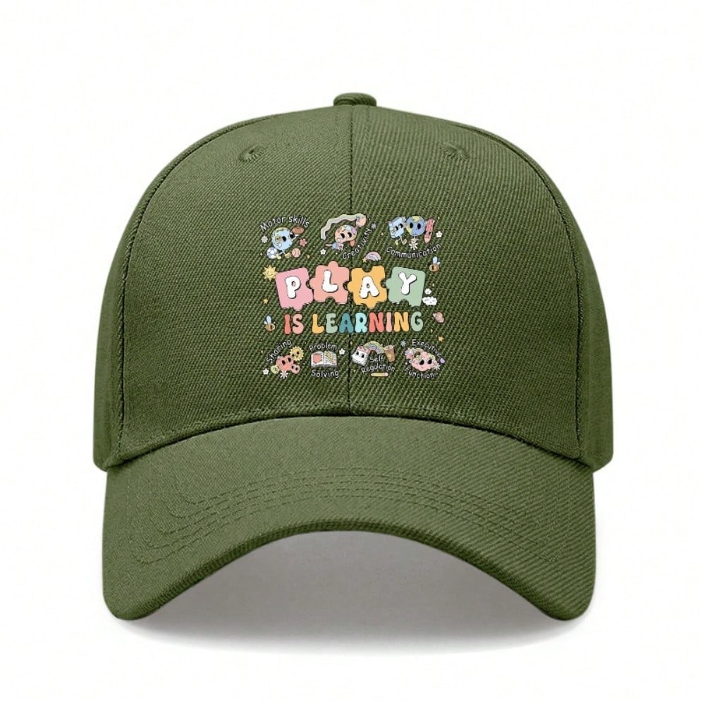 Kids Educational Baseball Cap - "PLAY IS LEARNING" Print Adjustable Breathable Lightweight Unisex Outdoor Sports Hat For School & Everyday Wear -