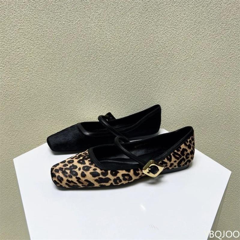 Moda Primavera e Autunno Nuove Scarpe da Donna a Fondo Piatto con Fibbia a Punta Quadrata Scarpe Singole da Donna con Fantasia Leopardo Bocca Bassa