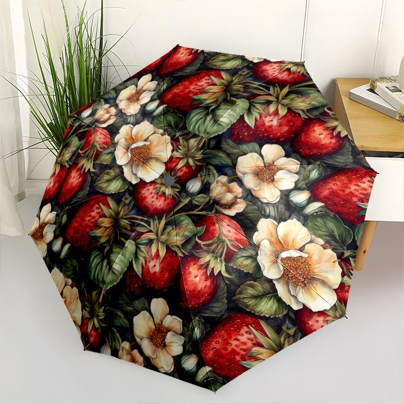 

1pc strawberry Garden Floral Print Umbrella - Home Essential Portable Folding Umbrella with Durable Iron Frame Suitable for Al (as the picture,iron&8K)