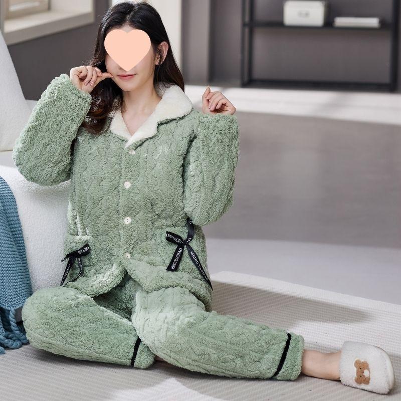 Pajamas women's winter warm winter fleece thickened coral fleece three layers of cotton autumn and winter women's loungewear