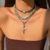 Salircon 3pcs Set Vintage Ethnic Style Bull Head Pendant Necklace for Women Exquisite Green Stone Beads Clavicle Chain Jewelry