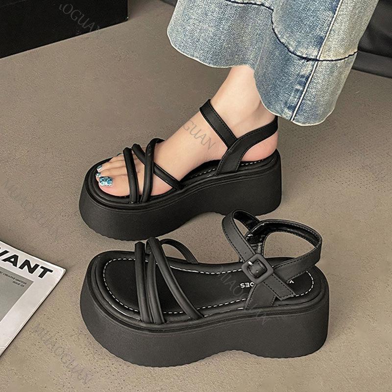 Fashion Roman Sandals Women's 2025 New Summer Thick Bottom Cross Strap Platform Sandal Casual High Heels Solid Heeled Sandals for Women