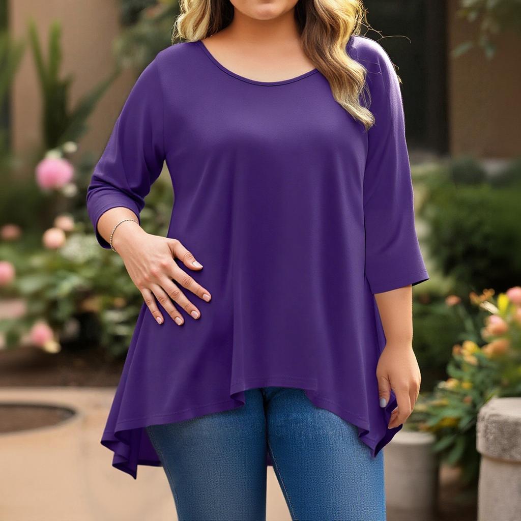 Womens Plus Size 3/4 Sleeve Shirts  Round Neck Tunic Tops Basic Loose Fit Tee Tops