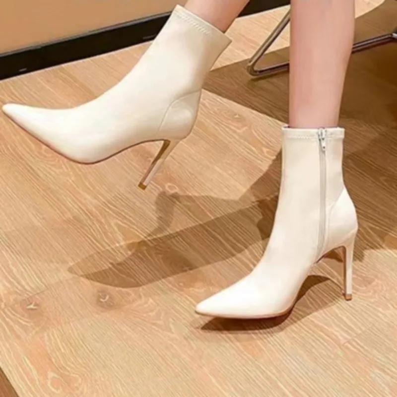 

Модная женская обувь 2024 Высокое качество Ботильоны женские Модные ботинки на молнии сбоку Современные ботинки Женская сексуальная обувь с острым носком для женщин 40 покинуть белый