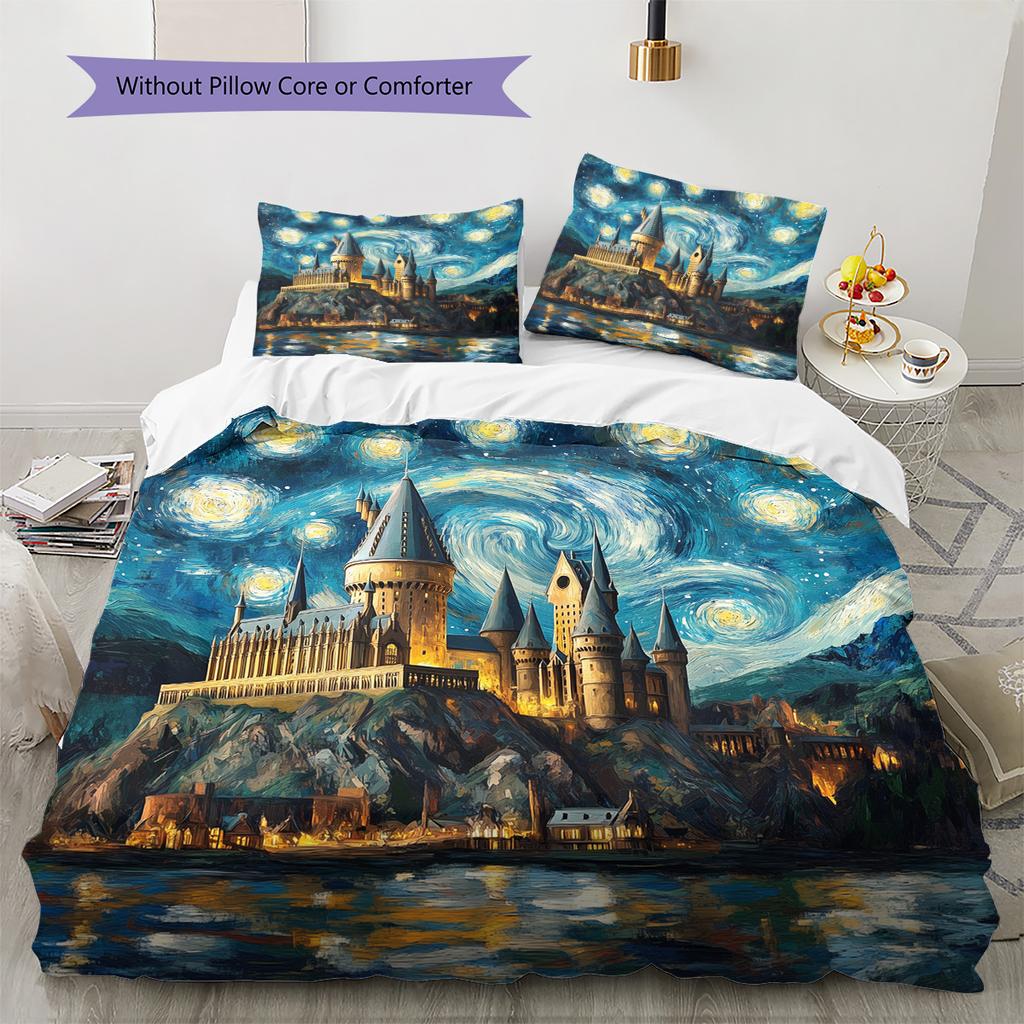 Oil Painting Style Castle Pattern Bedding Quilt Set Home Decoration Gift (1 * duvet cover + 2 * pillowcase without core)