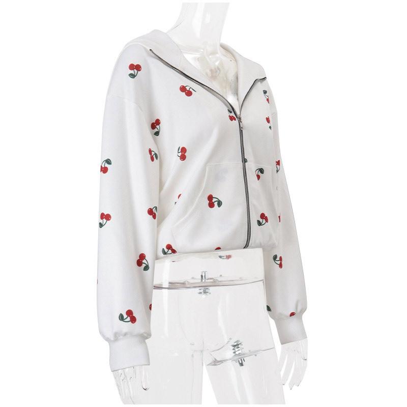 Women's Fashion Cherry Print White Hoodie Sweatshirt 2026 Spring Women's Long Sleeve Loose Streetwear Zip Up Hooded SweatShirt