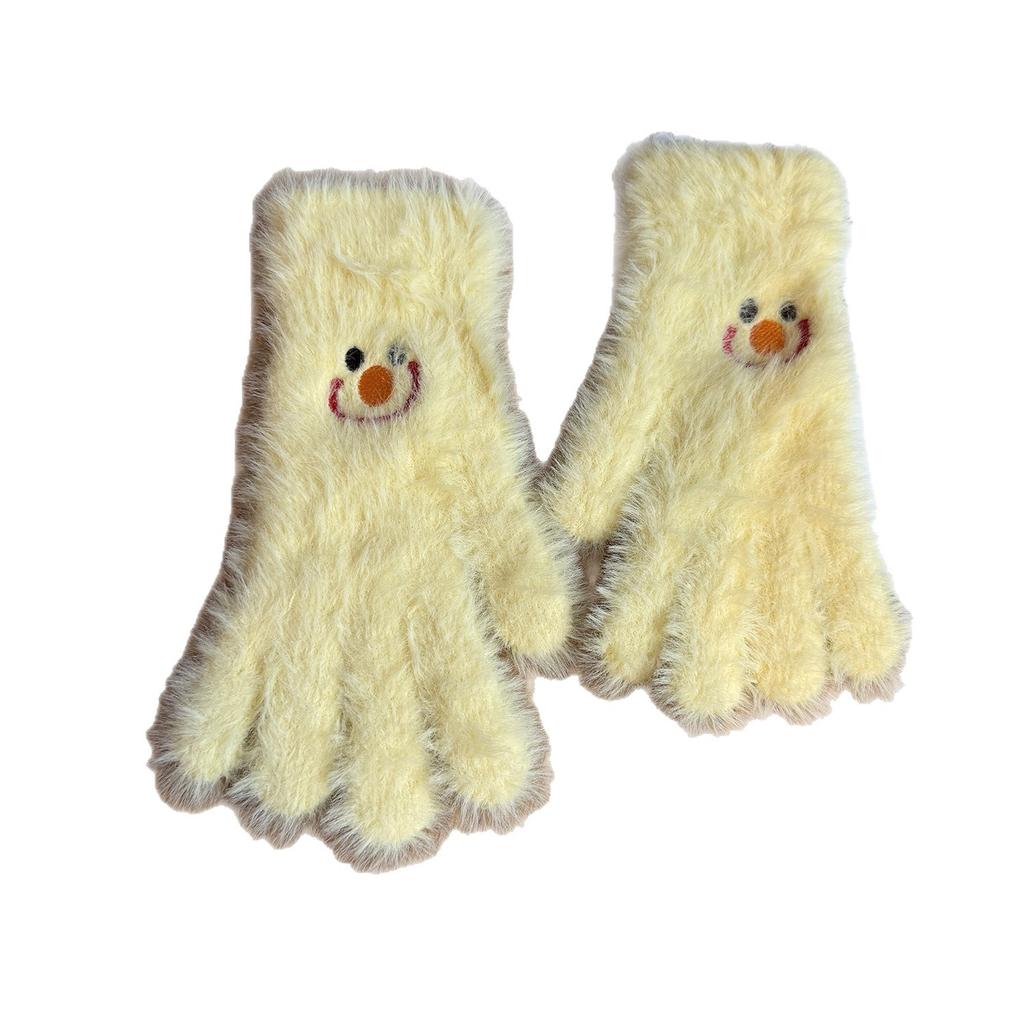 Niedliche lächelnde Gesichter bestickte Plüschhandschuhe für Damen im Winter Fellartig und Samt Warm und Kältefest Studenten Radfahren Touchscreen-Handschuhe