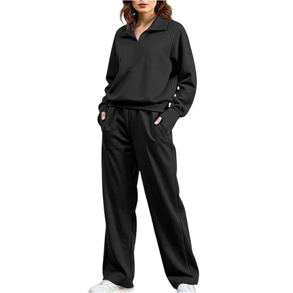 Women's 2-piece Set With Stand-up Collar, Half-zip Sportswear, Loose Sweatshirt, Fashionable Wide-leg Pants And Sweatpants Suit