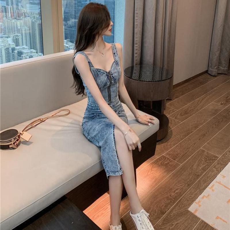 Hong Kong Style Denim Camisole Top & High-Waisted Skirt Two-Piece Set