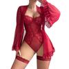 Women's Lingerie Set Mesh Lace Solid Babydoll Bodysuit with Long Sleeve Robe 2 Pcs Set