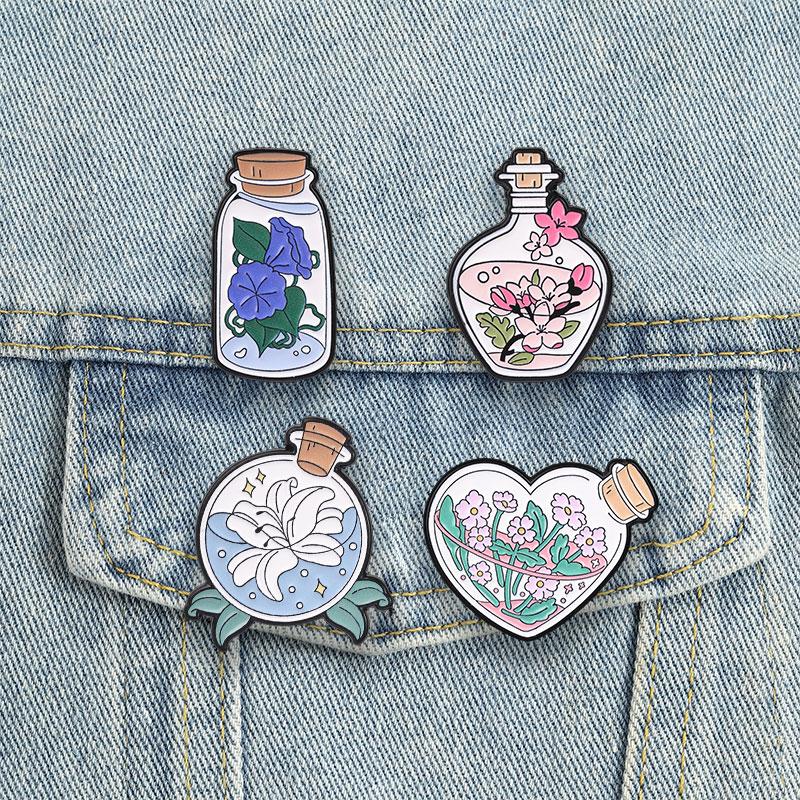 Aesthetic Bottle Flower Badges Wild Daisies Cherry Blossom Enamel Pin Cartoon Morning Glory White Lily Brooch Plant Accessories