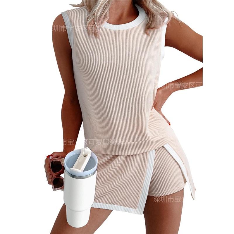 Women s Ribbed Knit 2-Piece Set Sleeveless Tank Top + Split Skort Shorts Outfit L абрикосовый