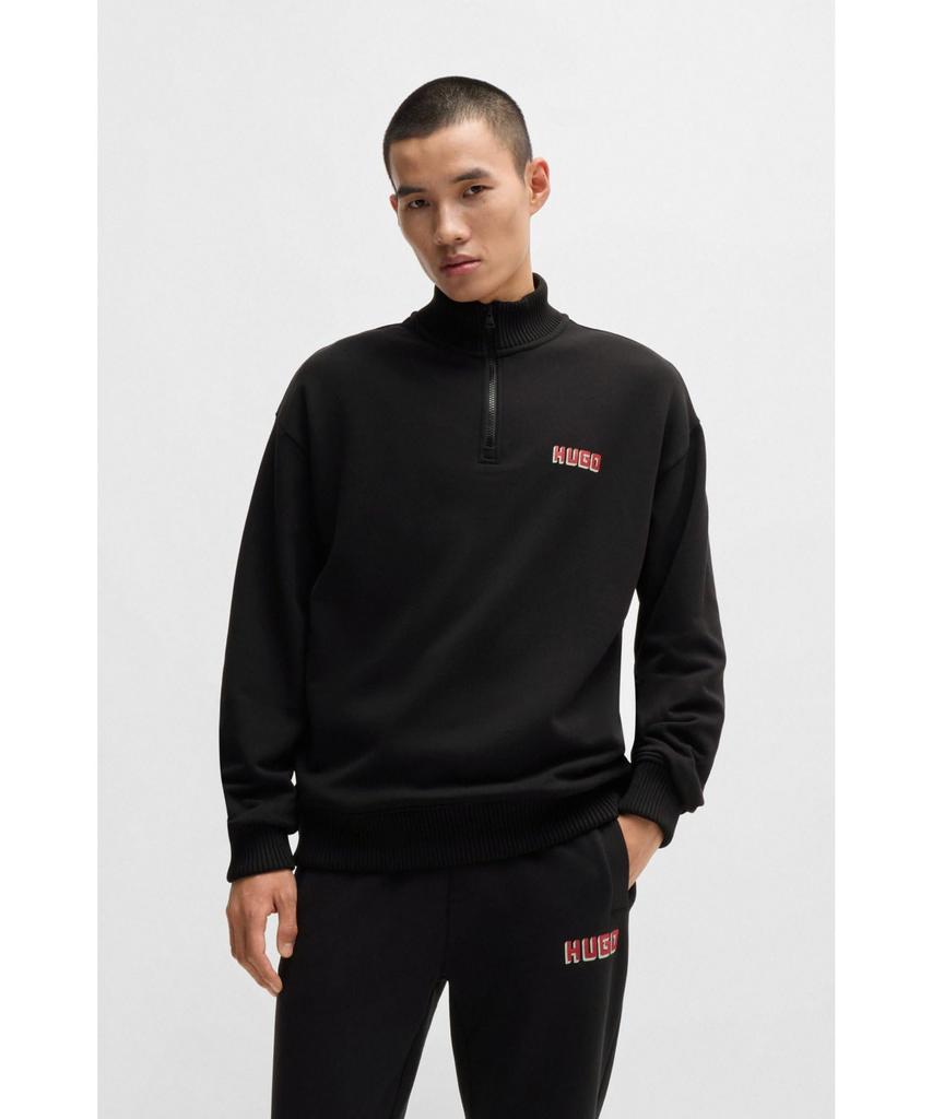 [HUGO] Logo Print Cotton Terry Zip Neck Sweatshirt Men's S Black