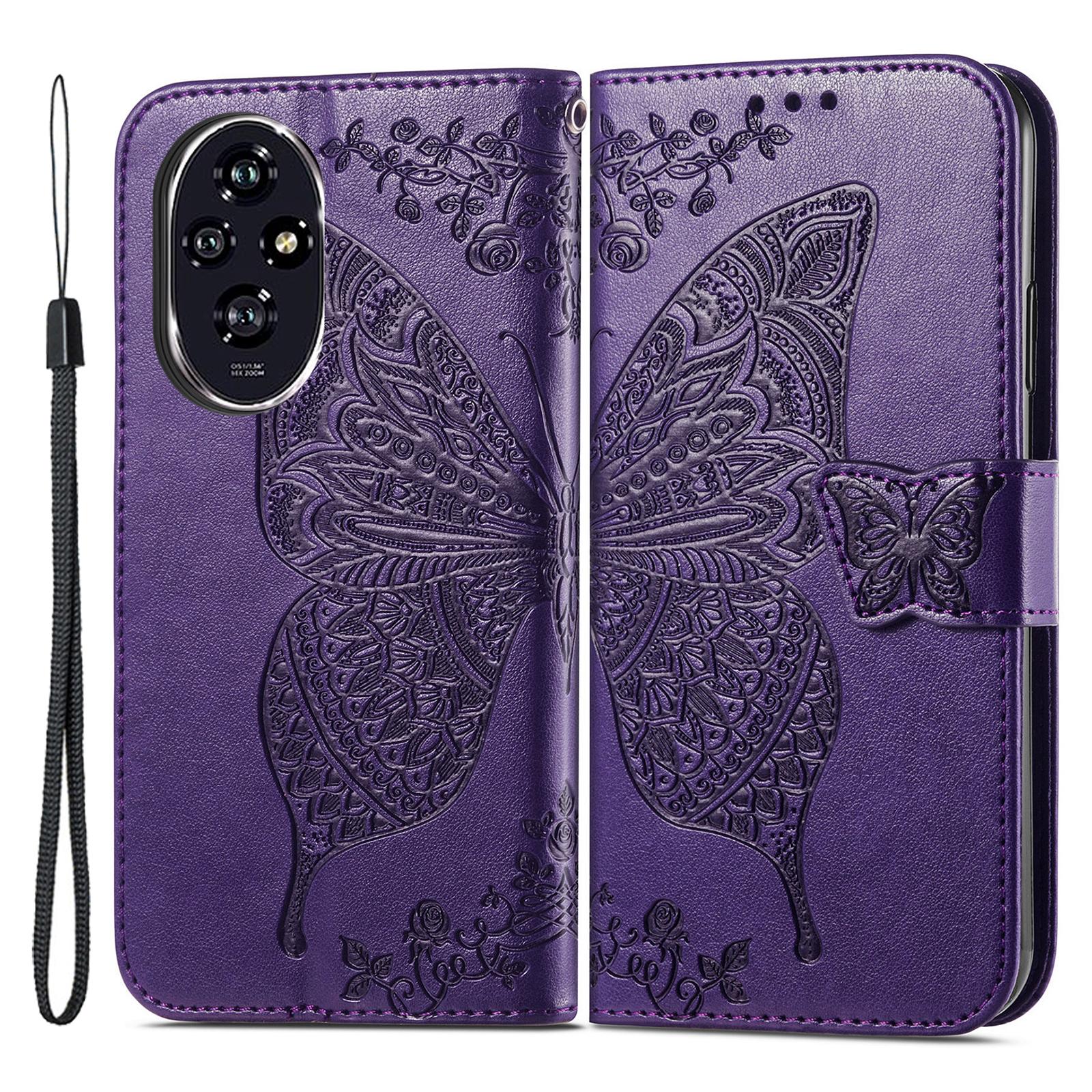 

For Honor 200 Pro 5G Case Wallet PU Leather Phone Cover Imprinted Butterfly Flower Dark Purple