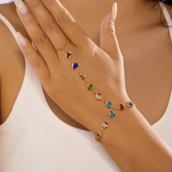 New Colorful Crystal Zircon Link Chain Connected Finger Ring Bracelet for Women Gold Color Flower Cross Bracelet Party Jewelry
