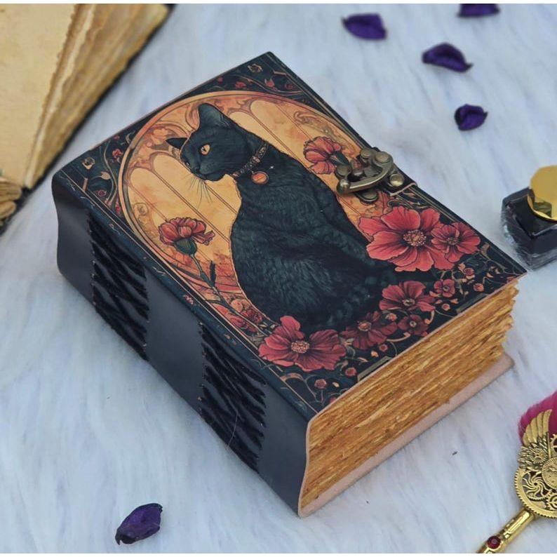 Mystic Black Cat Book | Handmade Vintage Leather Notebook | Witchy Grimoire | Gothic Writing Book with Lock | Blank Spell Book of Shadows