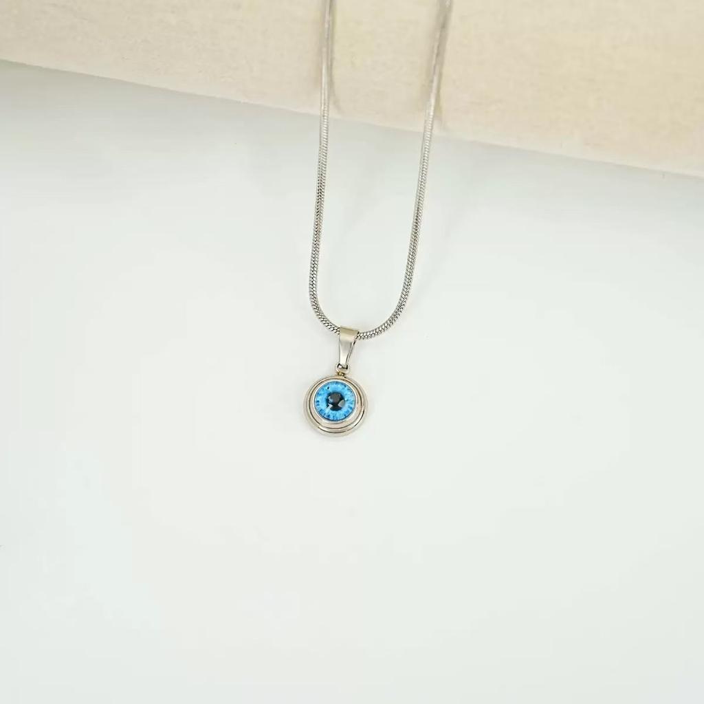 Trendy Evil Eye Pendant Necklace for Men Women, Stainless Steel Round Charm, Snake Bone Chain, Unisex Fashion Jewelry