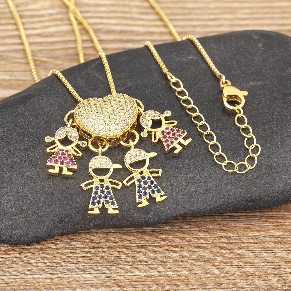 Nidin Fashion Hot Family Member Pendant Necklace Micro-Studded Zircon Love Heart Boy Girl Parent-Child Jewelry Mother's Day Gift