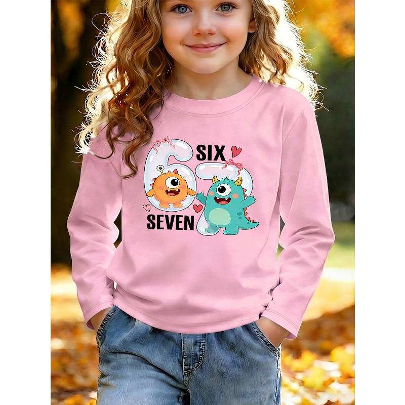 Unisex Kids White Long Sleeve Tee For 4-12 Girls Cute Bubble Number 67 Cartoon Orange Green Little Monster Pink Bow Heart Text Print Long Sleeve Top