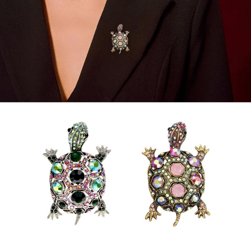 Sparkling Rhinestones Turtles Brooches Vintage Alloy Animal Pins Banquet Party Accessories Suitable for Women and Men