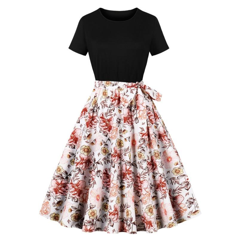 

Летнее новое ретро женское платье с круглым вырезом, коротким рукавом, черное, с лоскутным принтом, маятникового кроя XXL