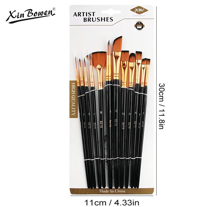 12 PCS Nylon Bristle Brush Set, Nylon Flat Brushes, Watercolor Brushes, Oil Paint, Artists, Amateur Acrylic Painting