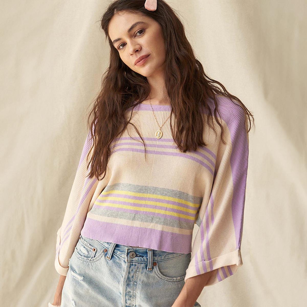 

Shiying Fashion Striped Color Block Top - Women s European & American Simple Loose Short Sleeve Sweater Medium фіолетовий