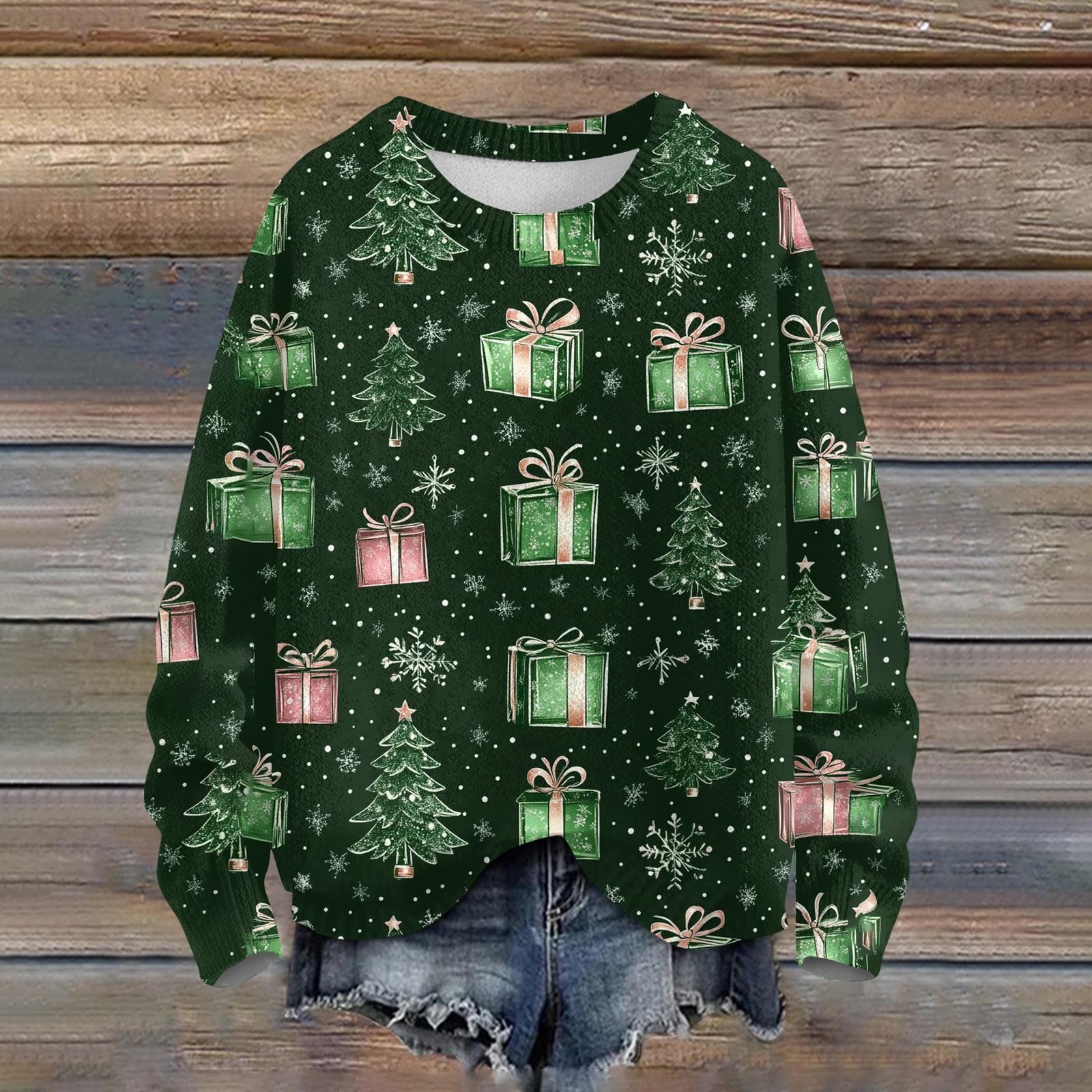 

Женская мода круглый вырез повседневный длинный рукав рождественский принт шерстяной трикотажный топ XXXL