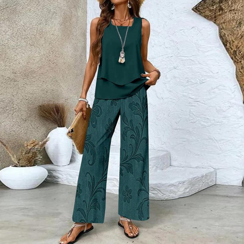 Women's Loose Fit Two Piece Outfit Sleeveless Tank Top High Waist Wide Leg Pants Set With 3D Abstract Print For Casual Summer Daily Wear
