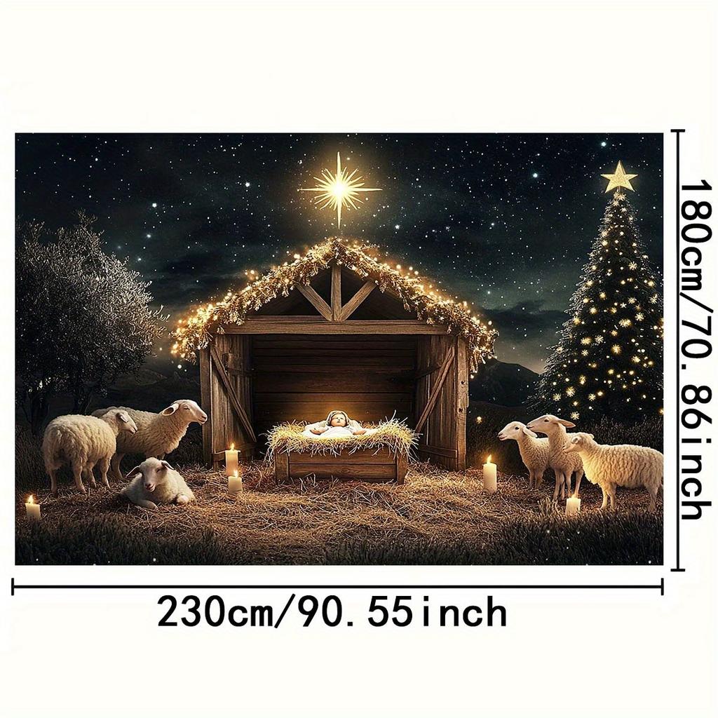 1pc Nativity Scene Background with Manger, Sheep and Christmas Star - Polyester Holiday Background Fabric for Christmas