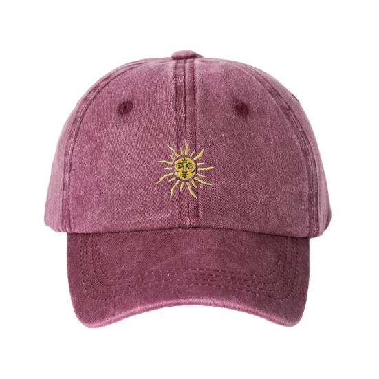 Embroidery Sun Pattern Baseball Hat Adjustable Back Buckle Retro Distressed Style Baseball Cap Washed вино красного