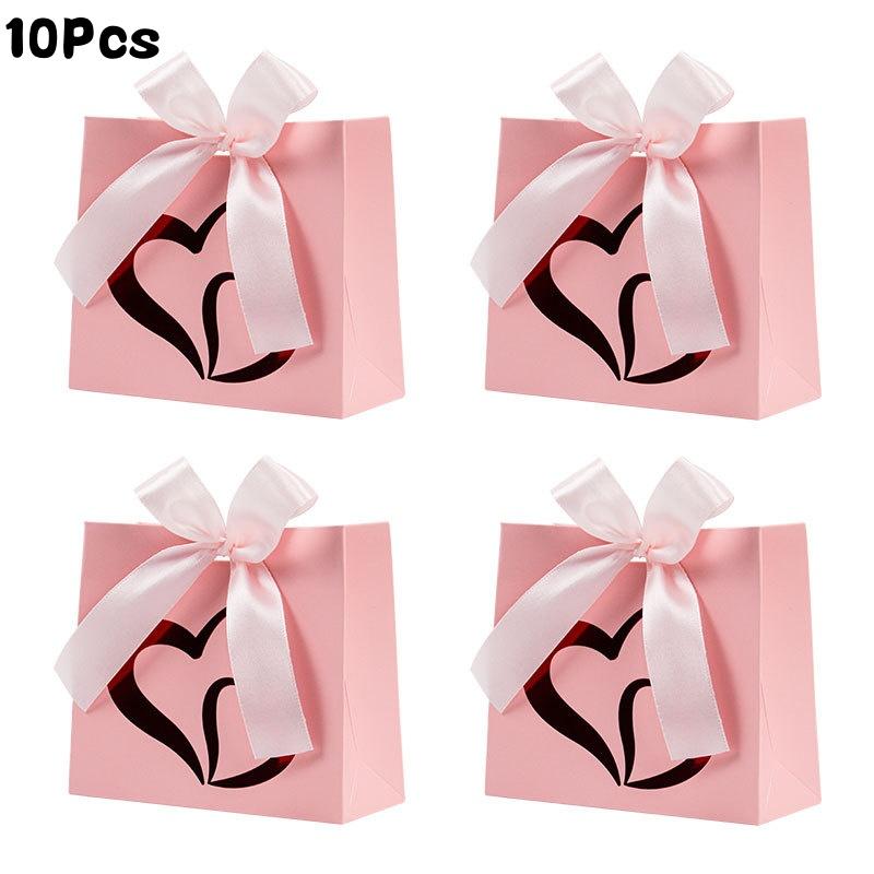 10Pcs Valentine's Day Gift Treat Paper Boxes With Ribbon Party Favor Heart Design Goodie Gift Boxes For Wedding Anniversary