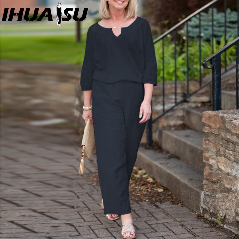 IHUASU Plus Size Women Casual Button Mid Sleeve Pocket Solid Colour Cotton V-Neck Top Pants Set