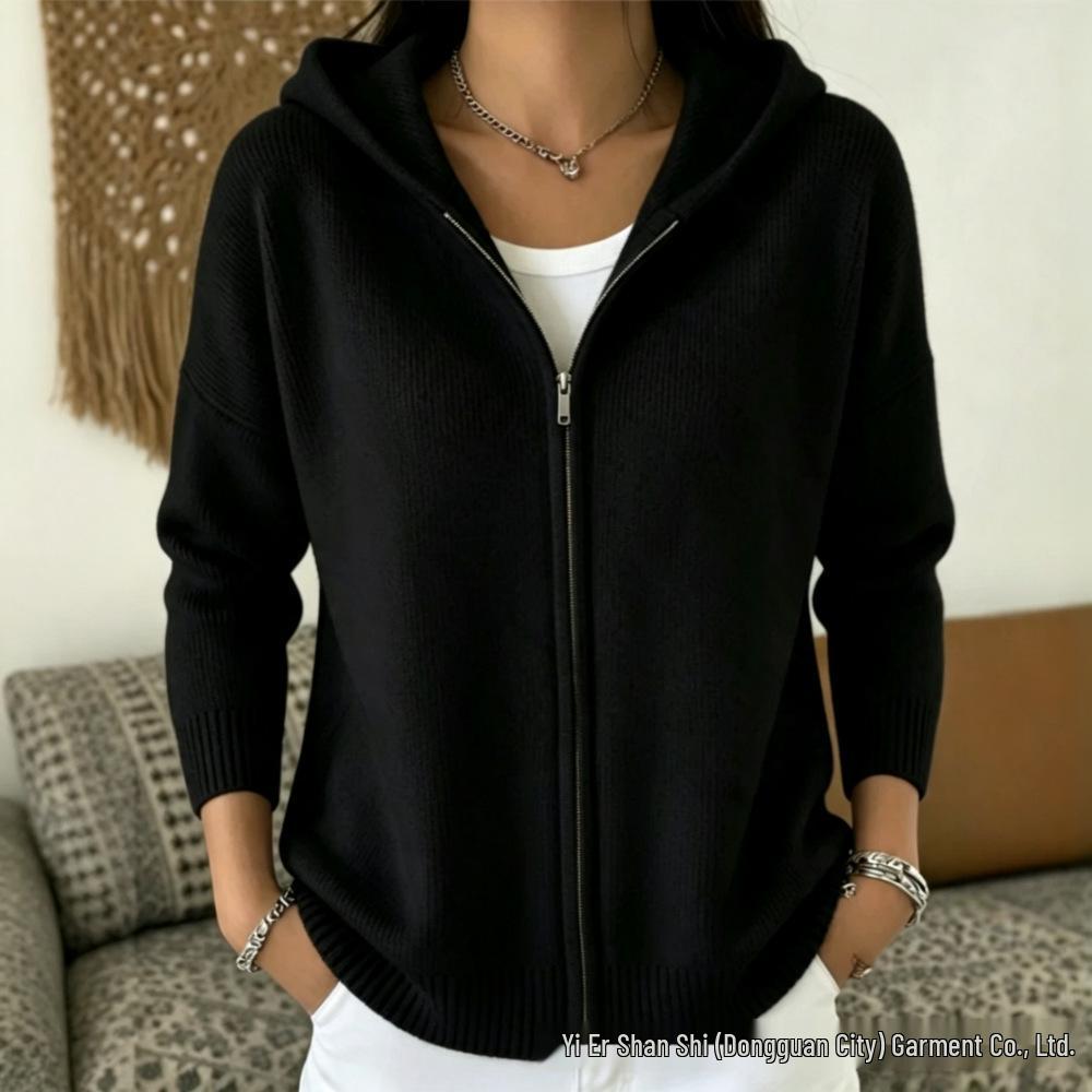Autumn 2026 Hooded Zipper Knit Cardigan - European & American Style, Women's Loose Solid Color Long Sleeve Sweater