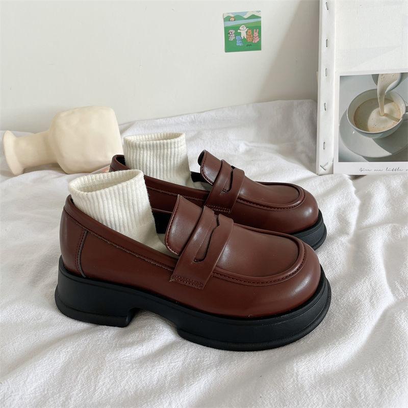 Spring New Wear-Resistant Platform Loafers Women's Slip-on Retro Spring and Autumn British Style Muffin Bottom Leather Shoes