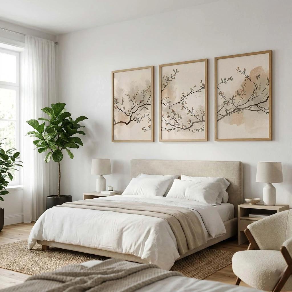 Set di 3 Stampe Botaniche Neutre da Parete, Trittico Japandi da Parete, Decorazione Minimalista Giapponese Scandinava, Stampe da Parete Beige Taupe Oliva