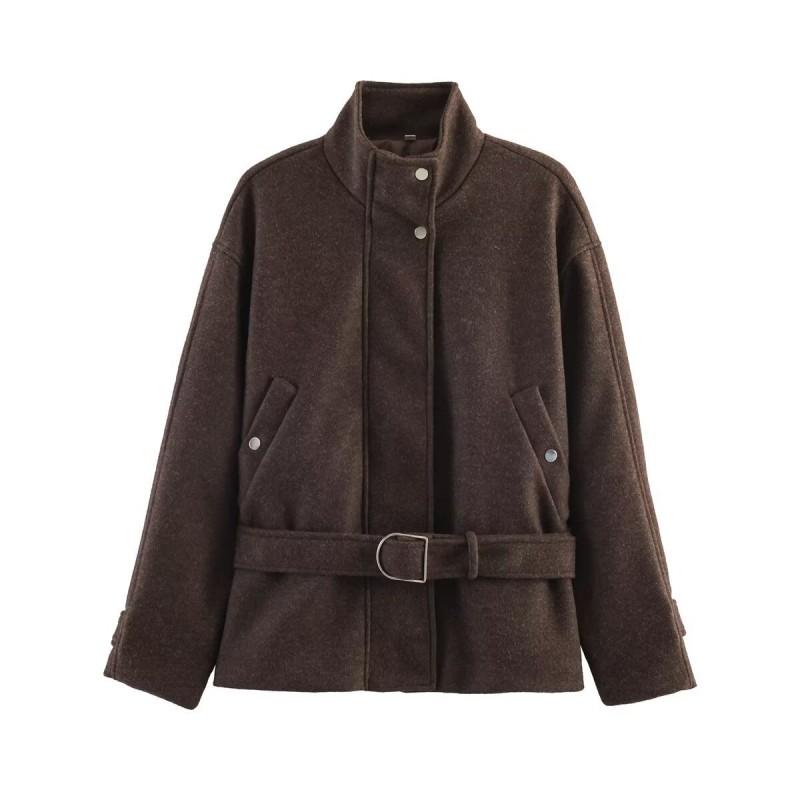 Womens Oversized Wool Blend Zip-Up Stand Collar Jacket With Waist Belt 2026 Streetwear Loose Fit Mid-Length Coat