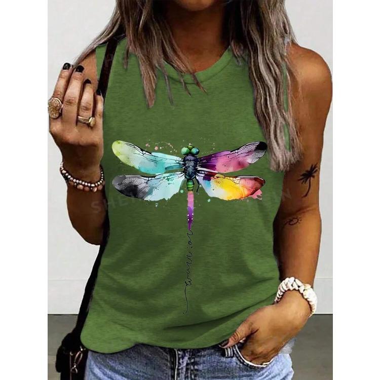 Butterfly Dragonfly Pattern 3D Print Women's Tank Tops Summer O-Neck Casual Vest Off Shoulder Sleeveless Top