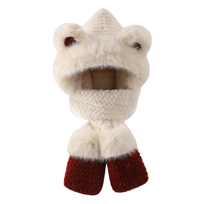 

Winter New Cute Bear Plush Hat Women s Scarf Gloves All In One Hood Hat Thickened Warm Trendy Three Piece Set