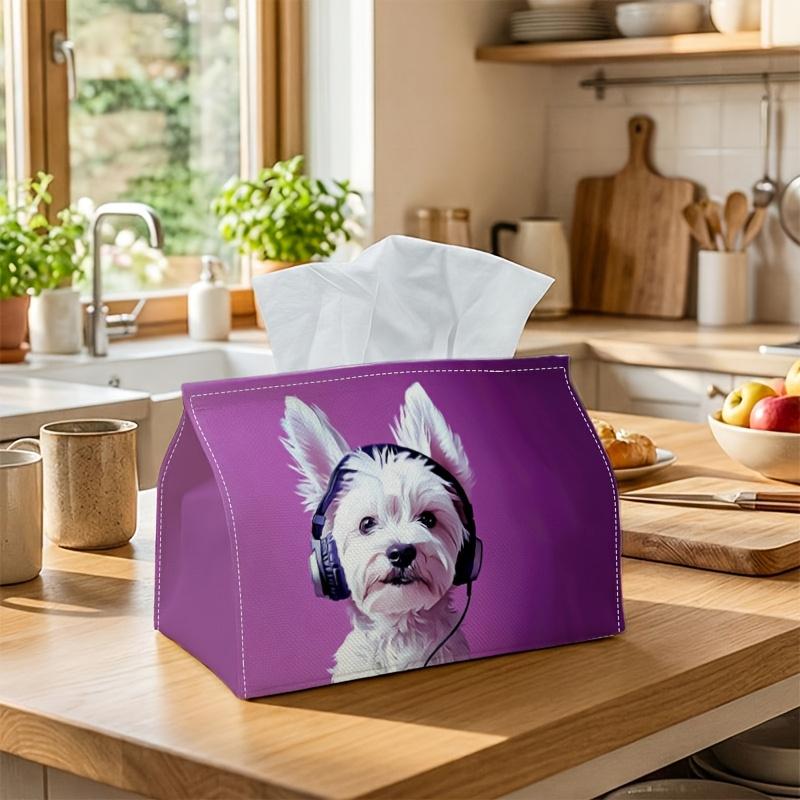 1pc of a Contemporary And Fun Purple Tissue Box Cover Featuring a White Terrier Design. It Is Made from High-Quality, Waterproof, And Durable Material