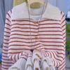 WTEMPO Women's Retro Striped Lapel Long Sleeved Knitted Sweater Loose Sweater Cardigan